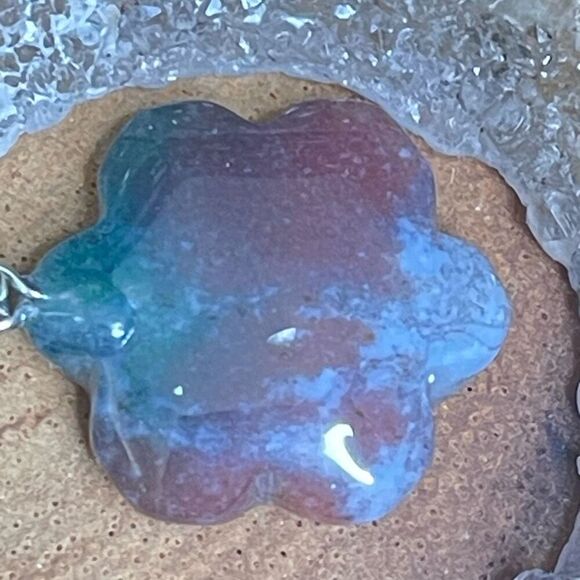 Red Moss Agate Ocean Jasper flower pendant natural stone crystal reiki silver pl - Picture 3 of 8